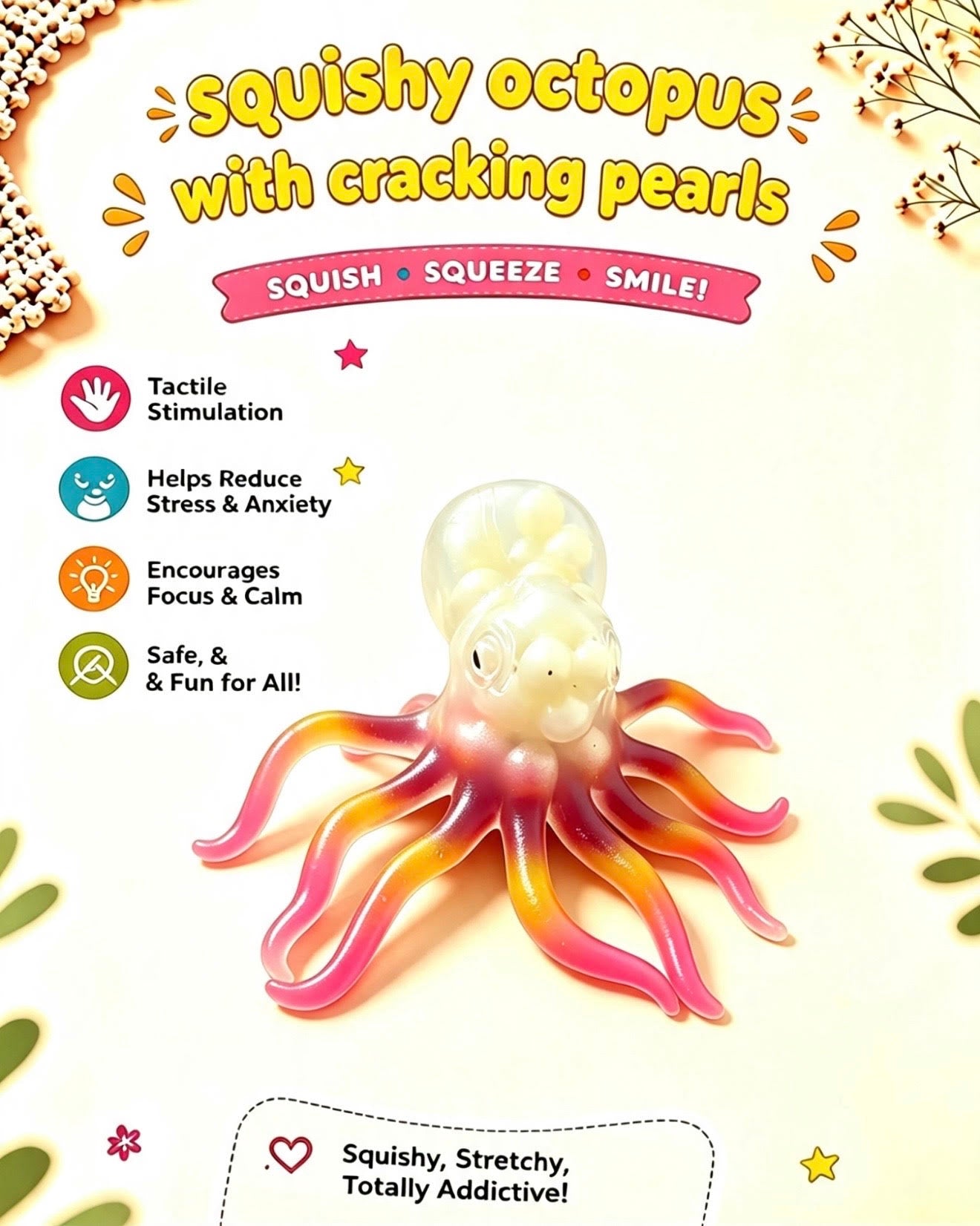 Squishy Octopus with Cracking Pearls sensory toy