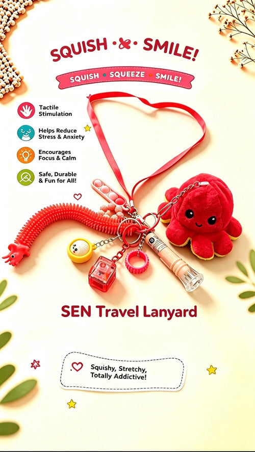 SEN Travel Lanyard with sensory fidget charms including octopus plush and pop it