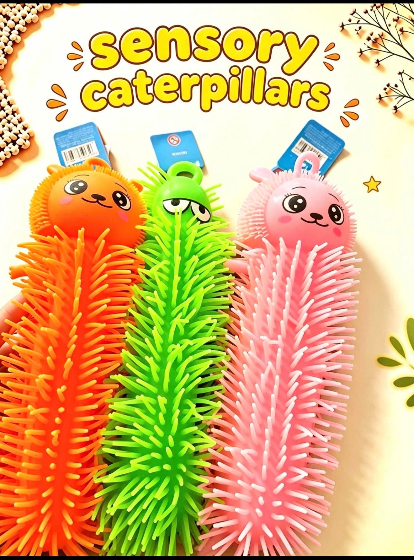 Sensory Caterpillars squishy fidget toys in orange, green and pink