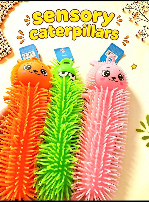 Sensory Caterpillars squishy fidget toys in orange, green and pink